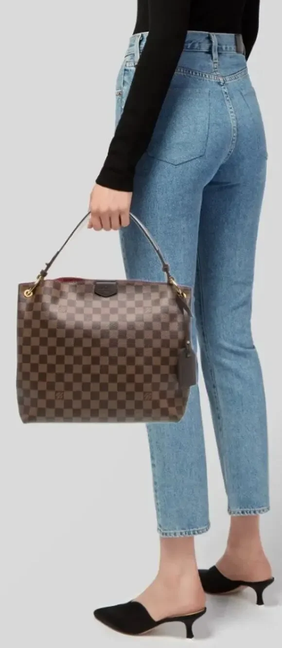 Louis Vuitton Damier Ebene Graceful Hobo PM Handbag Brown Logo Red Lining